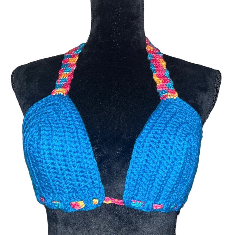 Creaciones Cayana Handmade Crochet Bikini Halter Top Size S Blue